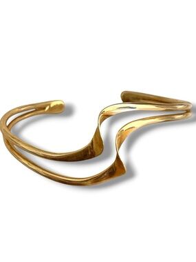 14k Yellow Gold Double Wave Cuff Bracelet 11.67 Solid Open Wave Bangle Modernist